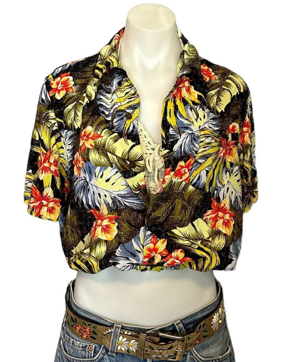 Hawaiian Shirt Tropical Button Down Crop Top One Size Boxy Coconutgirl Unique